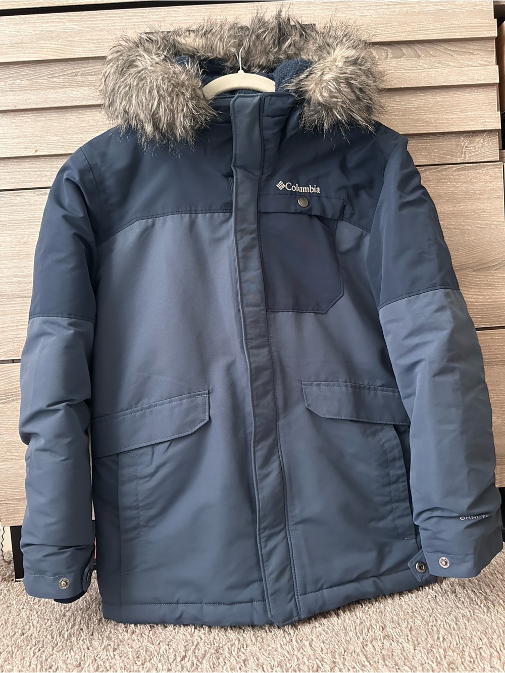 Columbia Kids Two-Tone Navy Parka with Faux Fur Trim